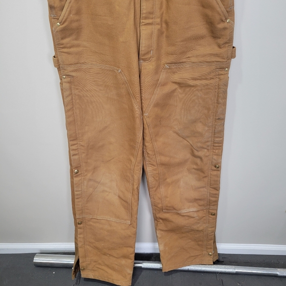 Carhartt Bib Overalls Mens 34x34 Tan Double Knee Canvas Duck Zip To Thigh - Picture 7 of 14